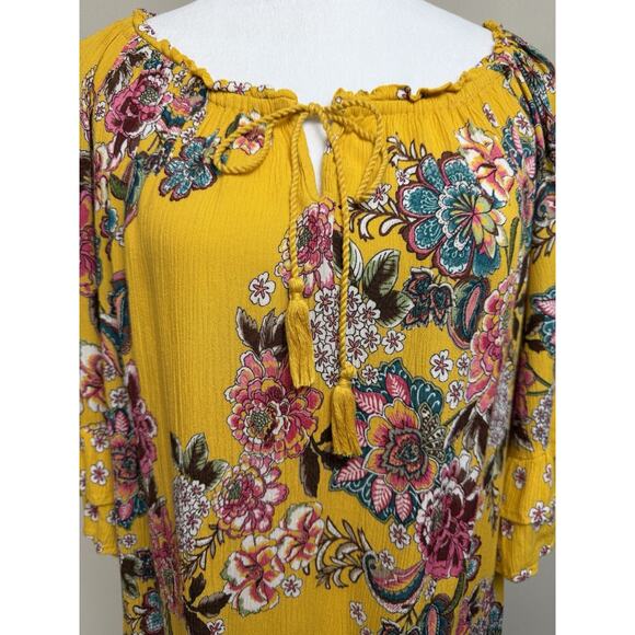 Bila Yellow Floral Blouse Top 3/4 Sleeves Sz M Ruffle Sleeves Tassel Tie - Picture 2 of 12